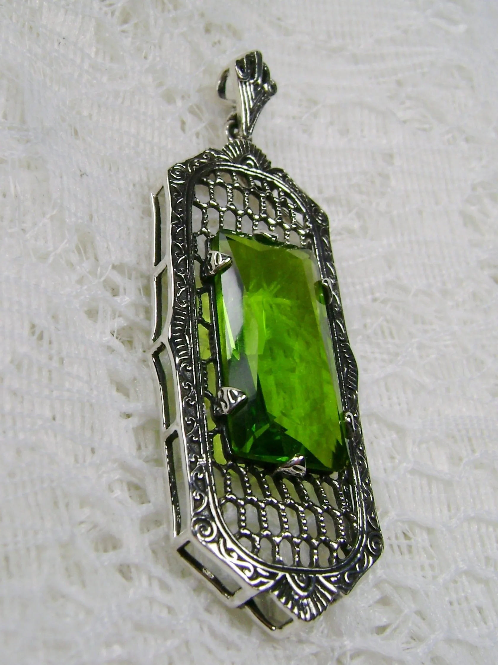 Peridot Necklace, Art Deco Pendant, Baguette Gem, 1930s Reproduction Jewelry, Baguette P16