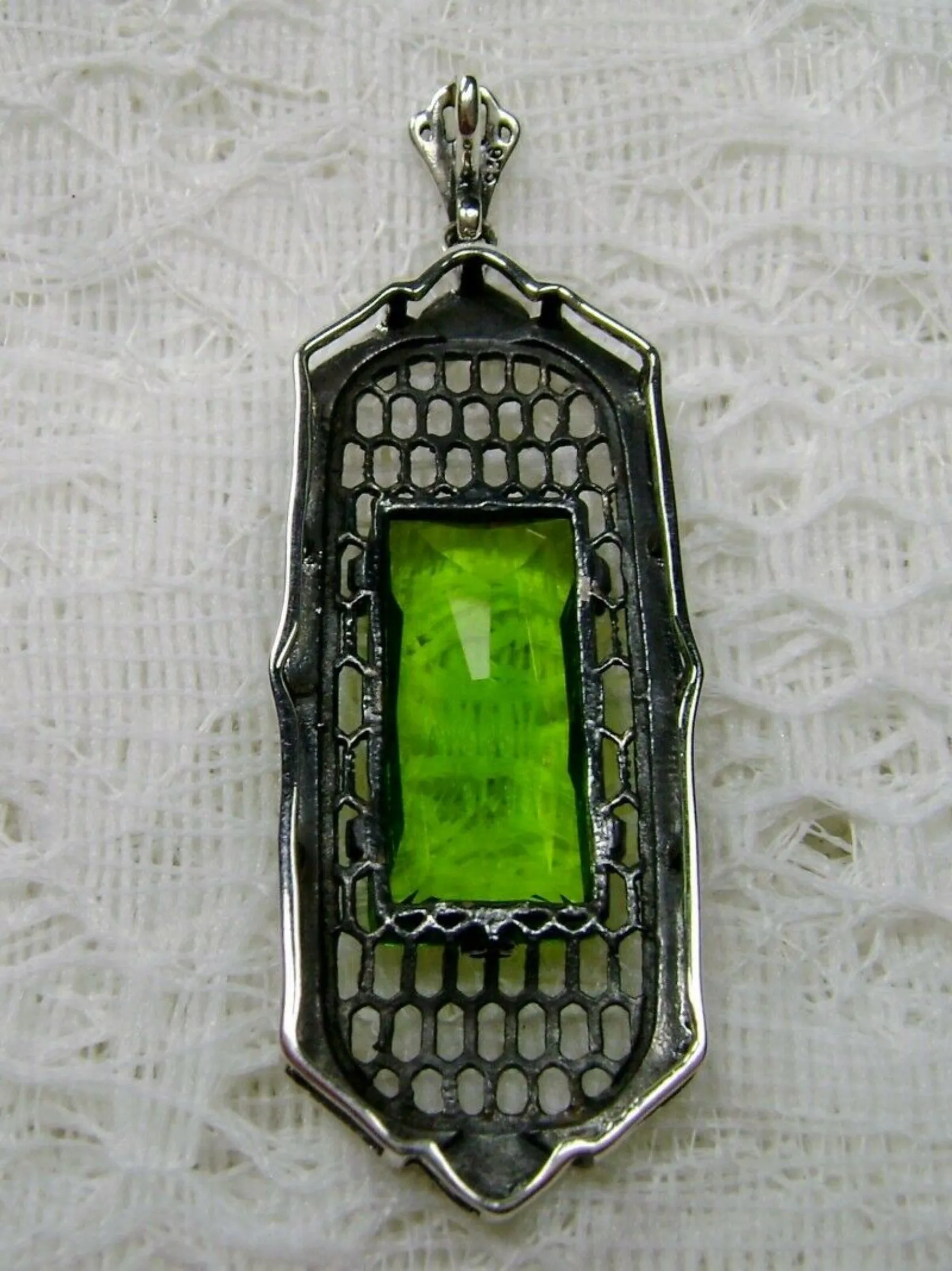 Peridot Necklace, Art Deco Pendant, Baguette Gem, 1930s Reproduction Jewelry, Baguette P16
