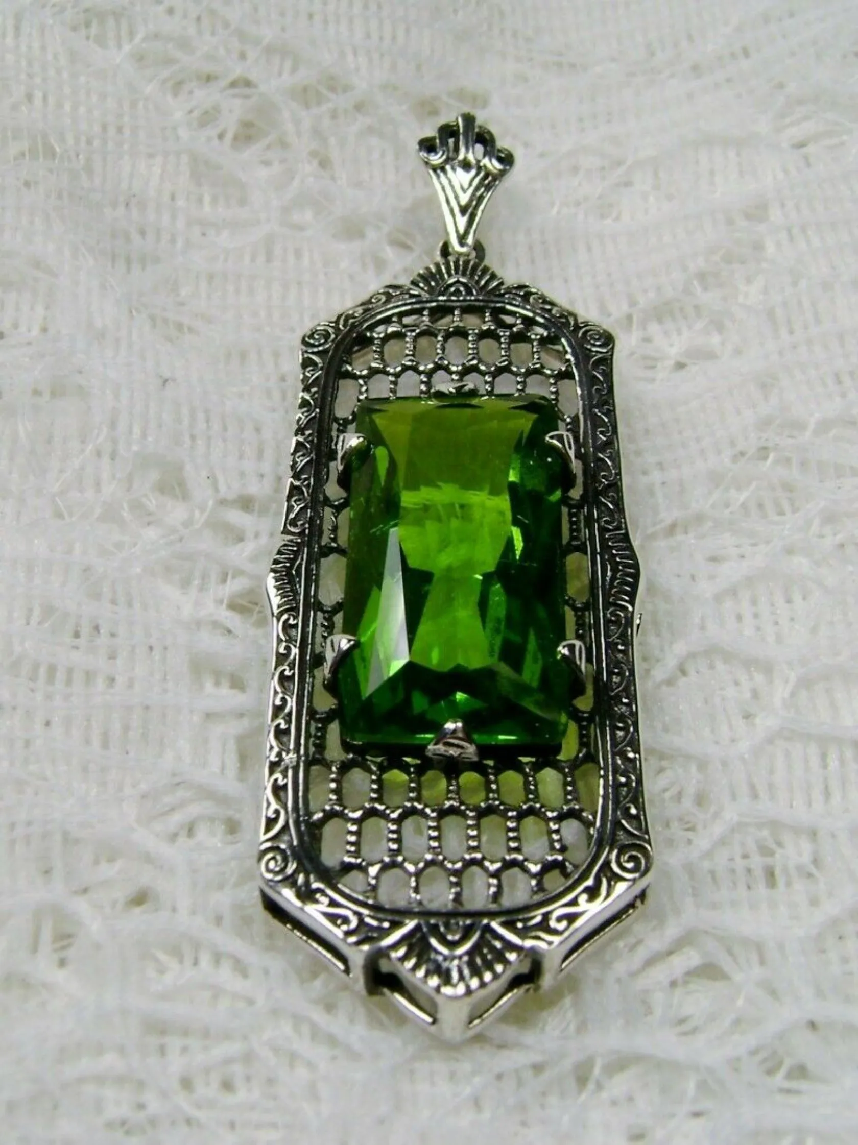 Peridot Necklace, Art Deco Pendant, Baguette Gem, 1930s Reproduction Jewelry, Baguette P16