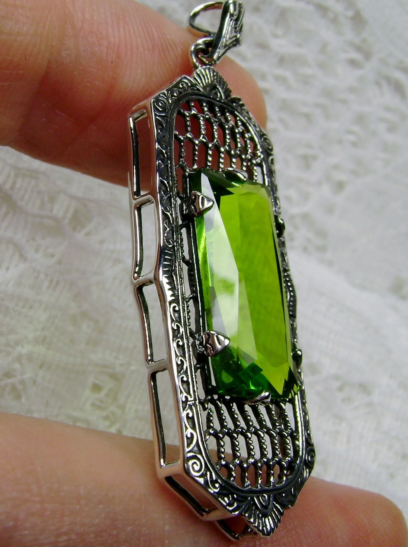 Peridot Necklace, Art Deco Pendant, Baguette Gem, 1930s Reproduction Jewelry, Baguette P16