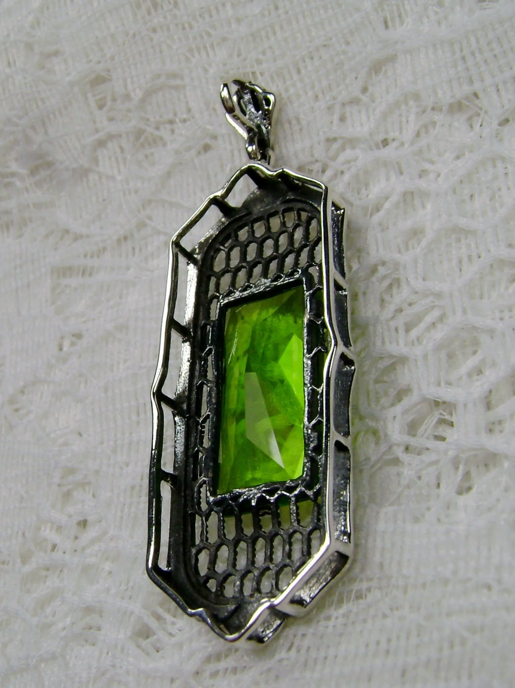 Peridot Necklace, Art Deco Pendant, Baguette Gem, 1930s Reproduction Jewelry, Baguette P16