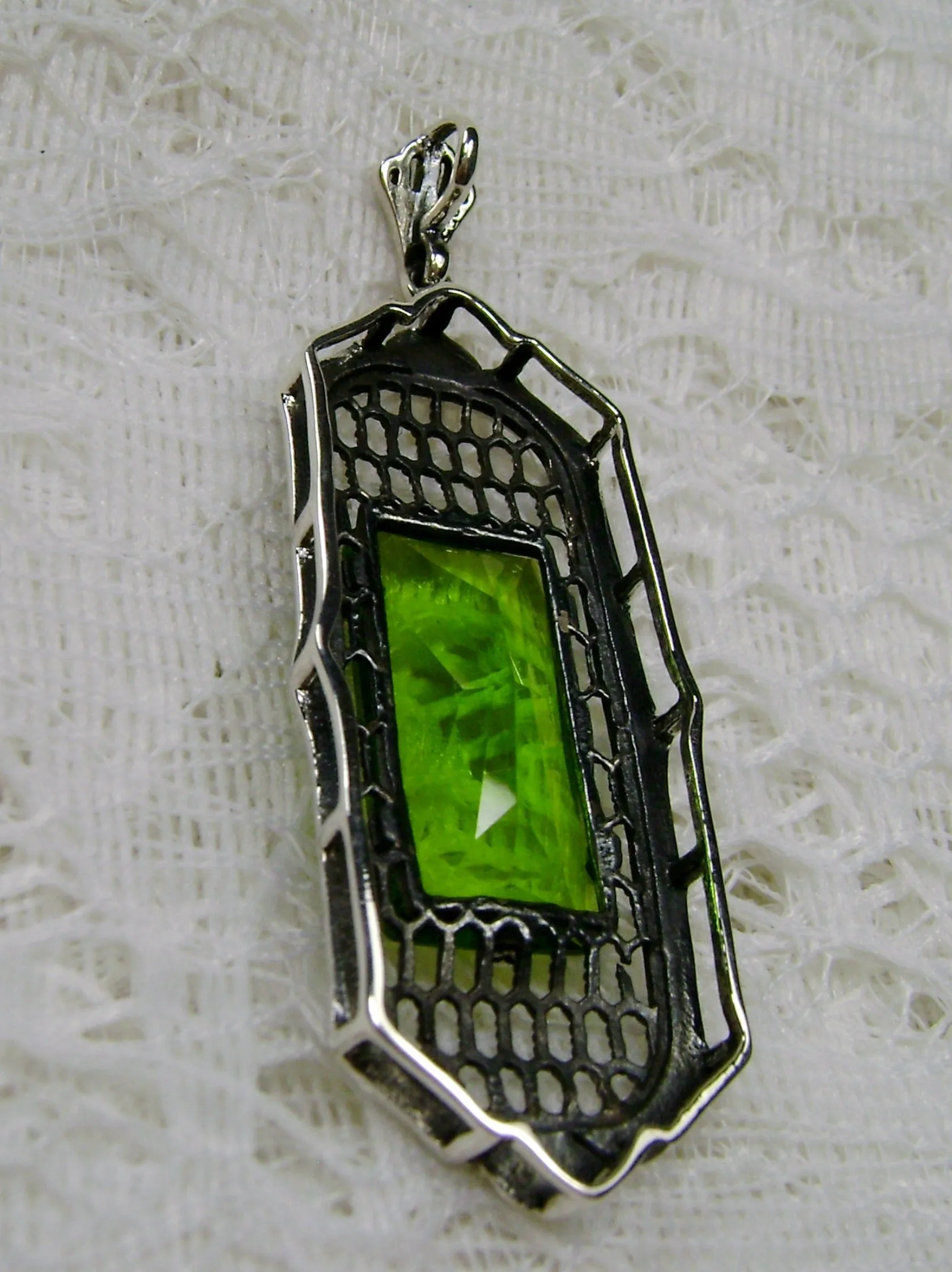 Peridot Necklace, Art Deco Pendant, Baguette Gem, 1930s Reproduction Jewelry, Baguette P16