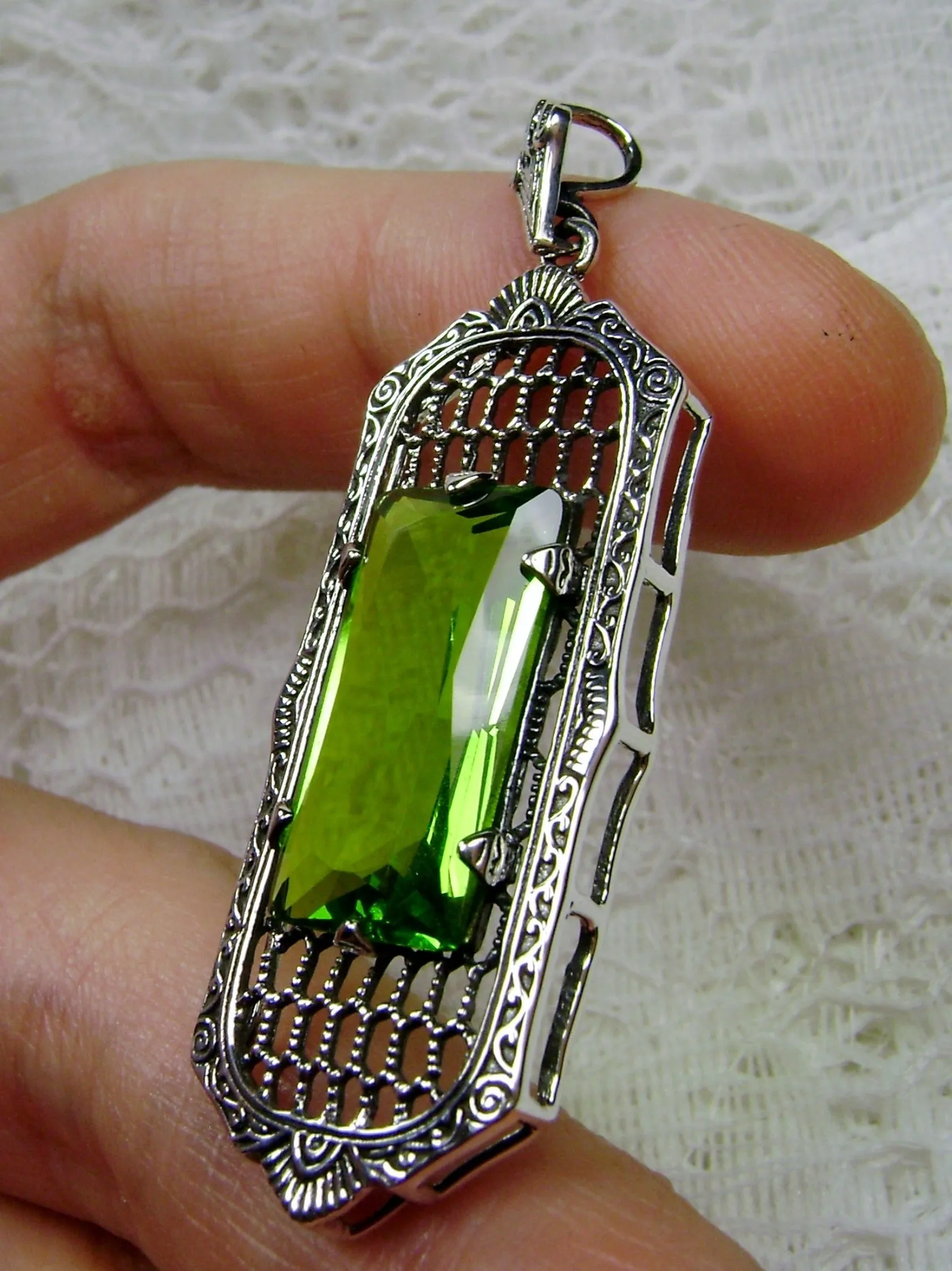 Peridot Necklace, Art Deco Pendant, Baguette Gem, 1930s Reproduction Jewelry, Baguette P16