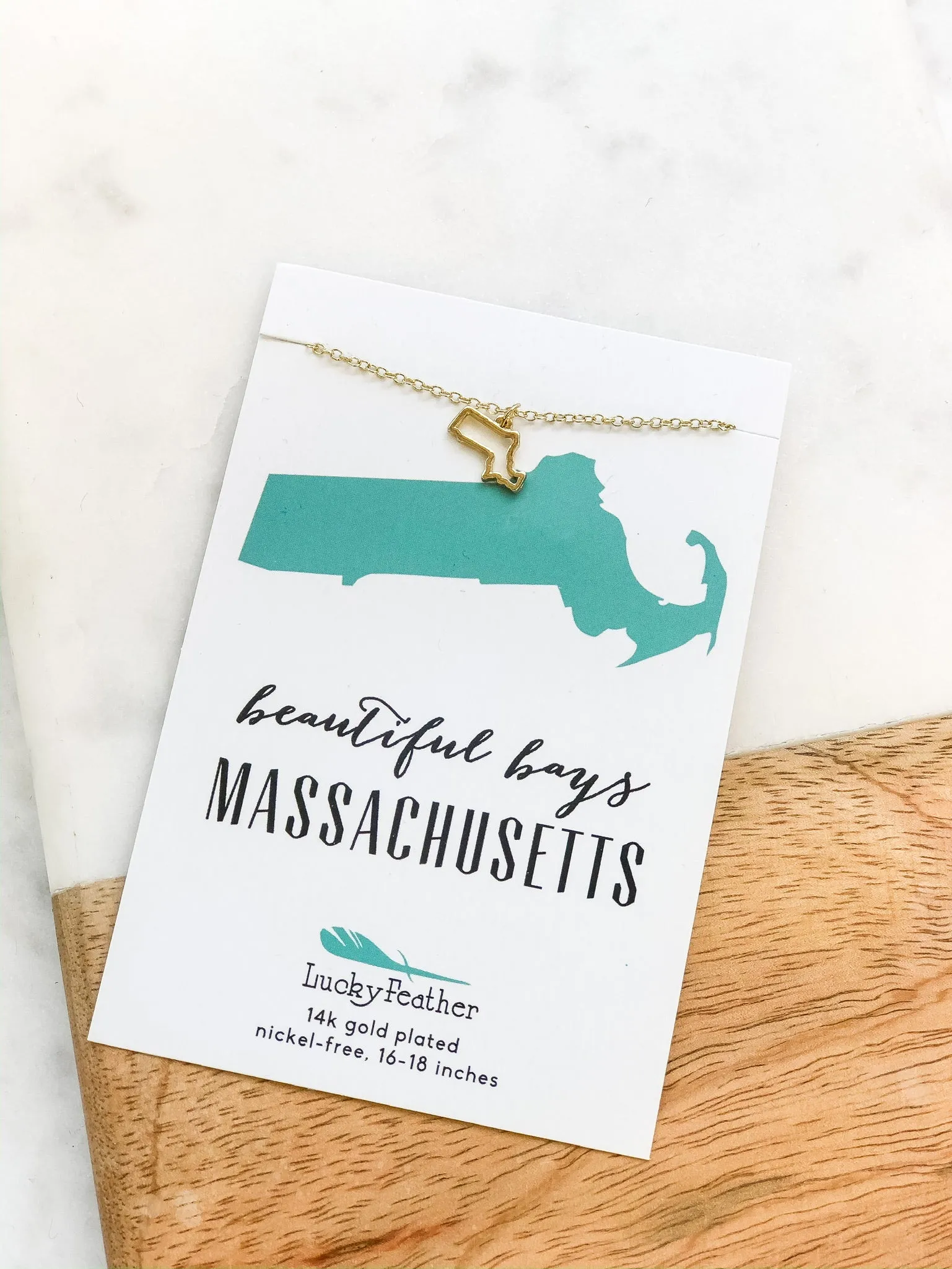 Petite State Outline Pendant Necklaces by Lucky Feather - Massachusetts