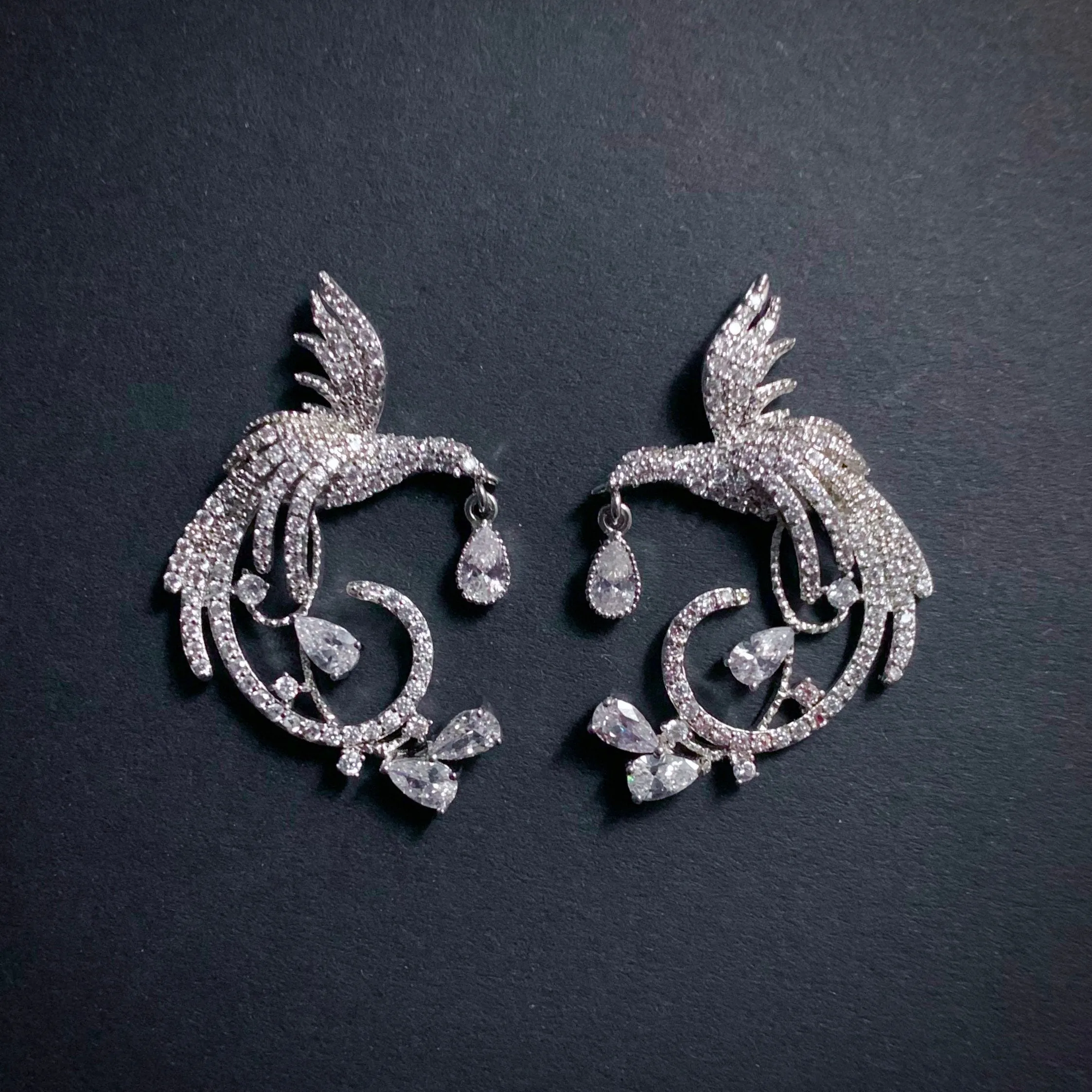 Phoenix Bird Silver & Clear Earrings