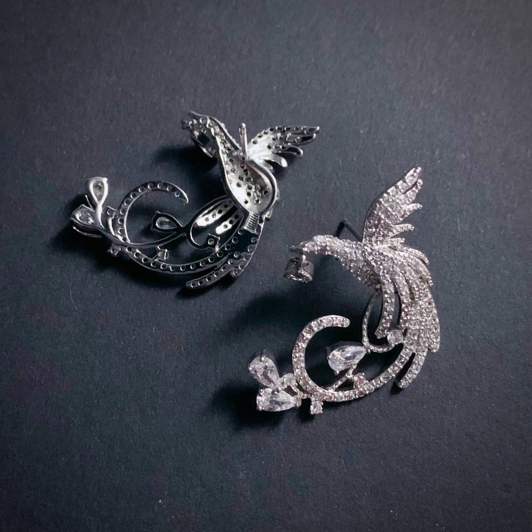 Phoenix Bird Silver & Clear Earrings