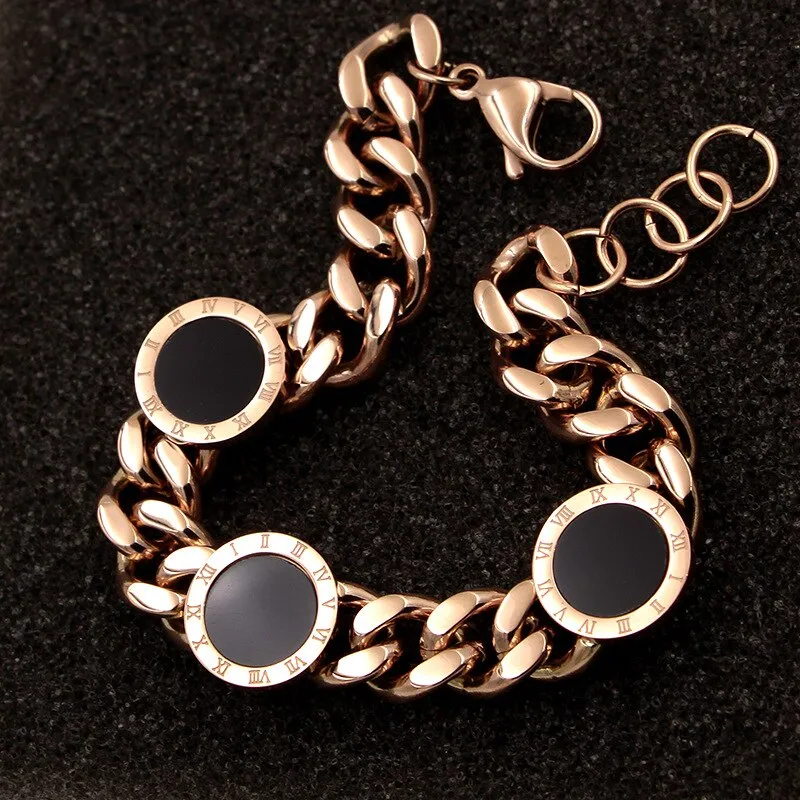 Premium Quality Fashion Better Black Shell Roman Numerals Round Chain Bracelet Bangle Stainless Steel Rose Gold Color for Woman Party Wear