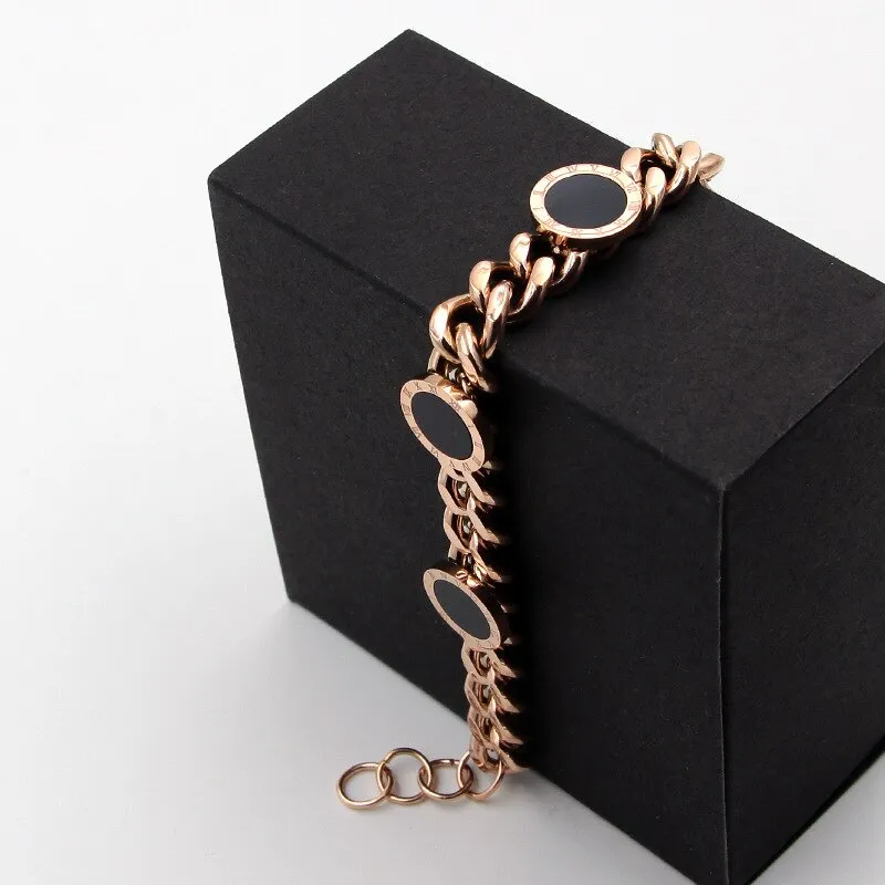 Premium Quality Fashion Better Black Shell Roman Numerals Round Chain Bracelet Bangle Stainless Steel Rose Gold Color for Woman Party Wear
