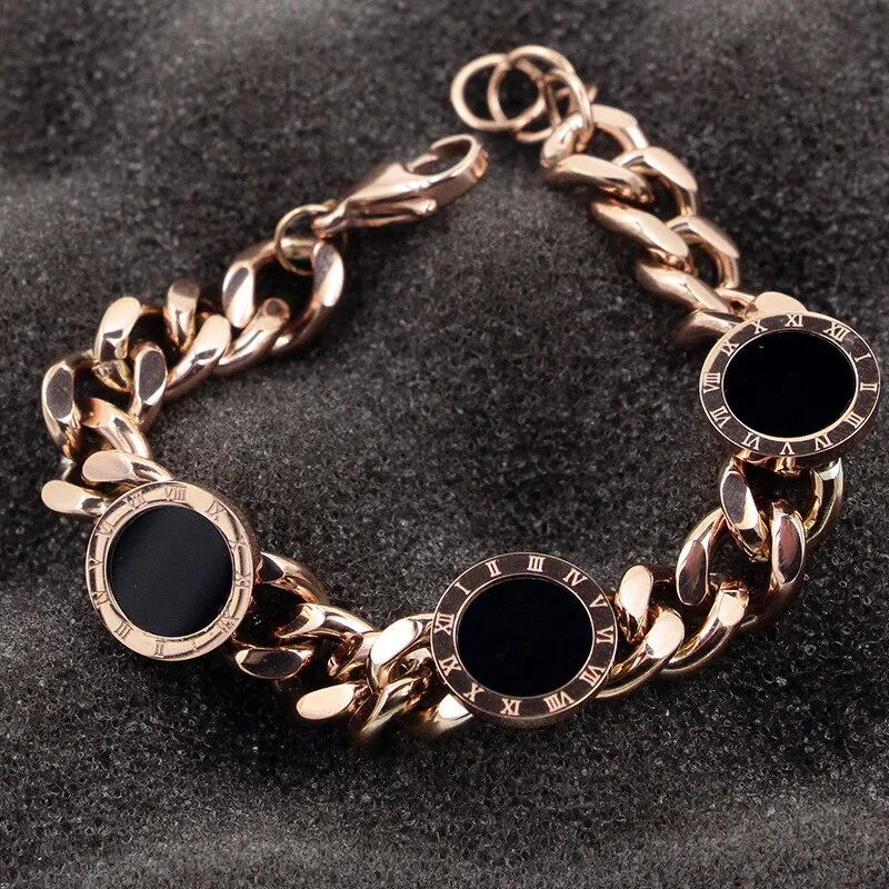 Premium Quality Fashion Better Black Shell Roman Numerals Round Chain Bracelet Bangle Stainless Steel Rose Gold Color for Woman Party Wear