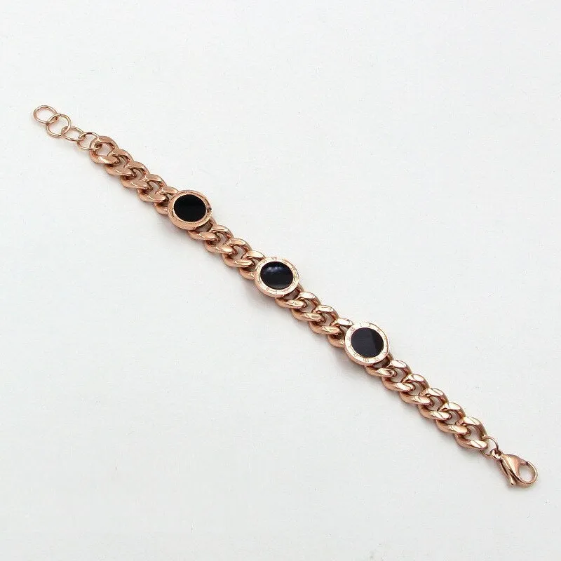 Premium Quality Fashion Better Black Shell Roman Numerals Round Chain Bracelet Bangle Stainless Steel Rose Gold Color for Woman Party Wear