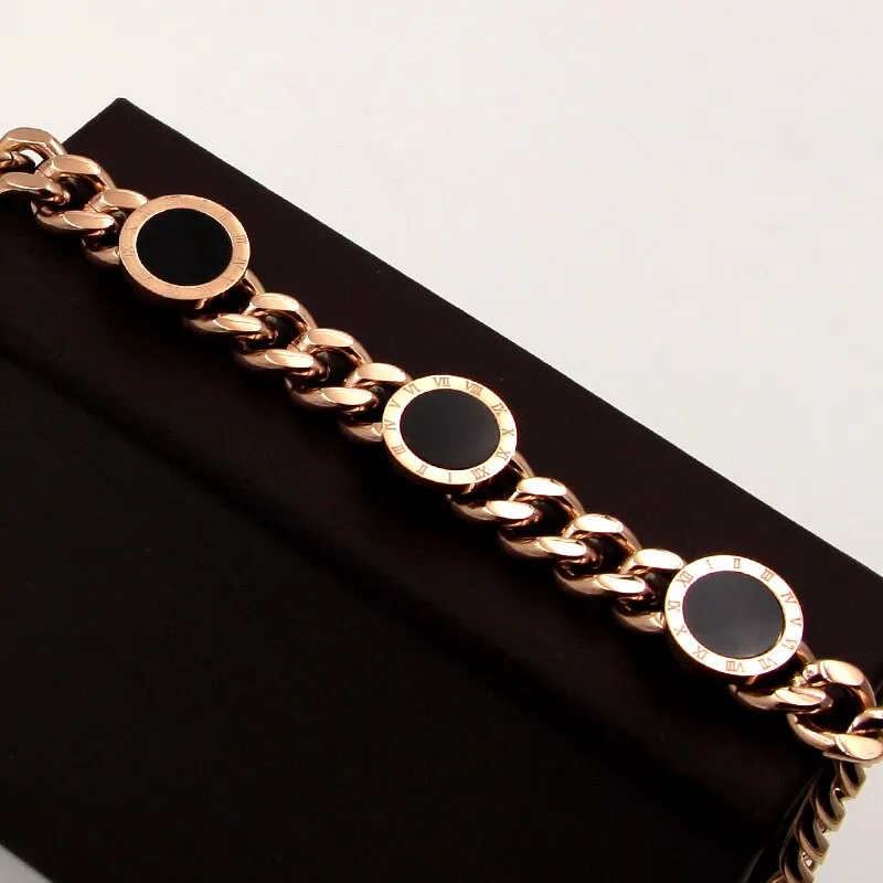 Premium Quality Fashion Better Black Shell Roman Numerals Round Chain Bracelet Bangle Stainless Steel Rose Gold Color for Woman Party Wear