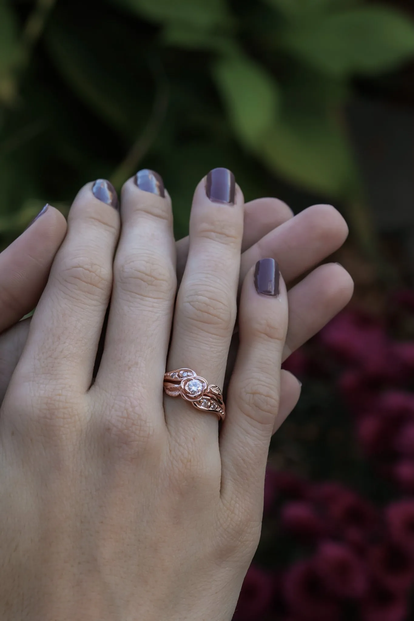 Prize Tea Rose Wedding Set, Rose Gold and Moissanite