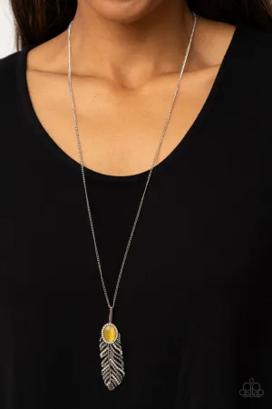 Pure QUILL Power - Yellow - Cat's Eye Stone Feather Paparazzi Long Necklace