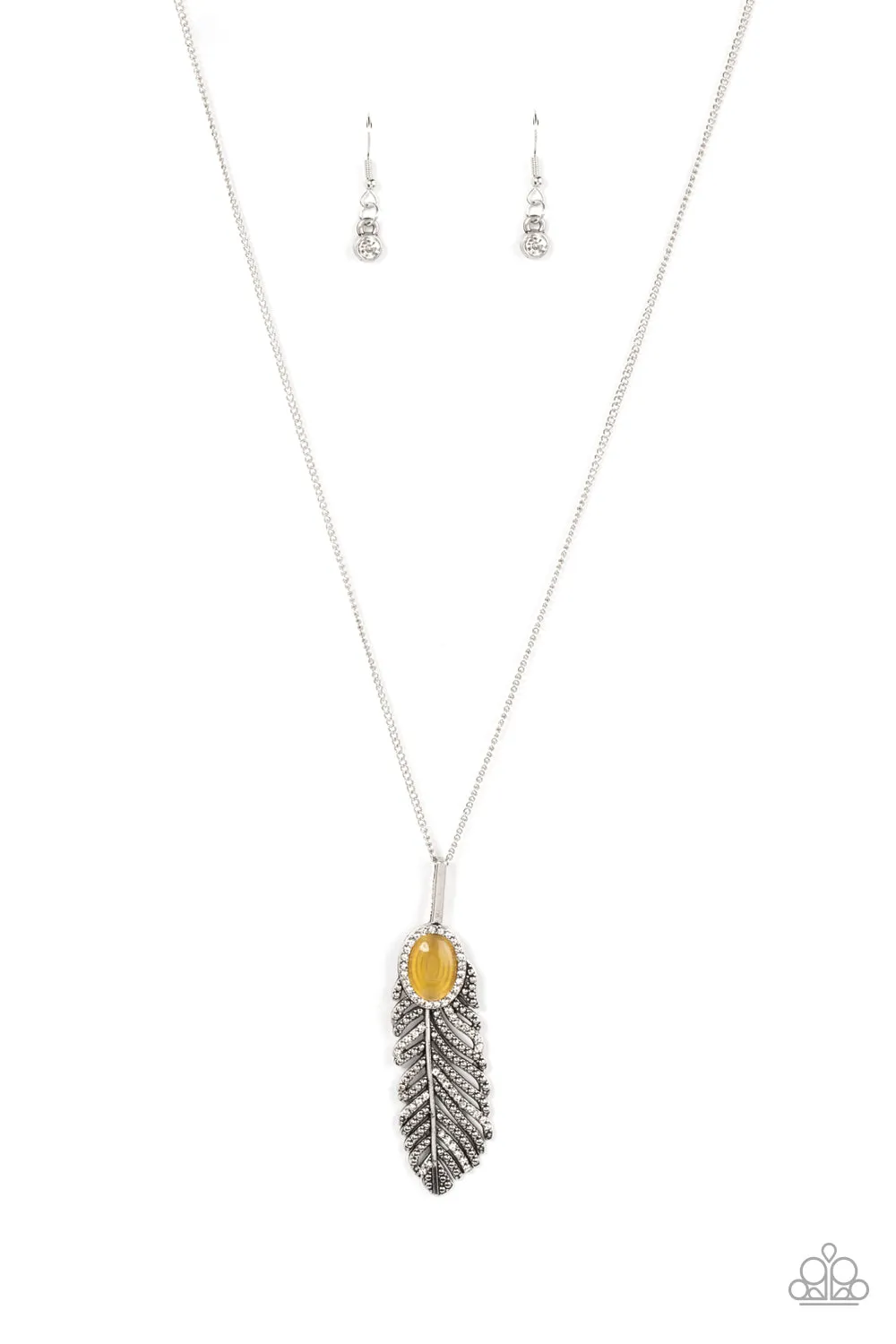 Pure QUILL Power - Yellow - Cat's Eye Stone Feather Paparazzi Long Necklace