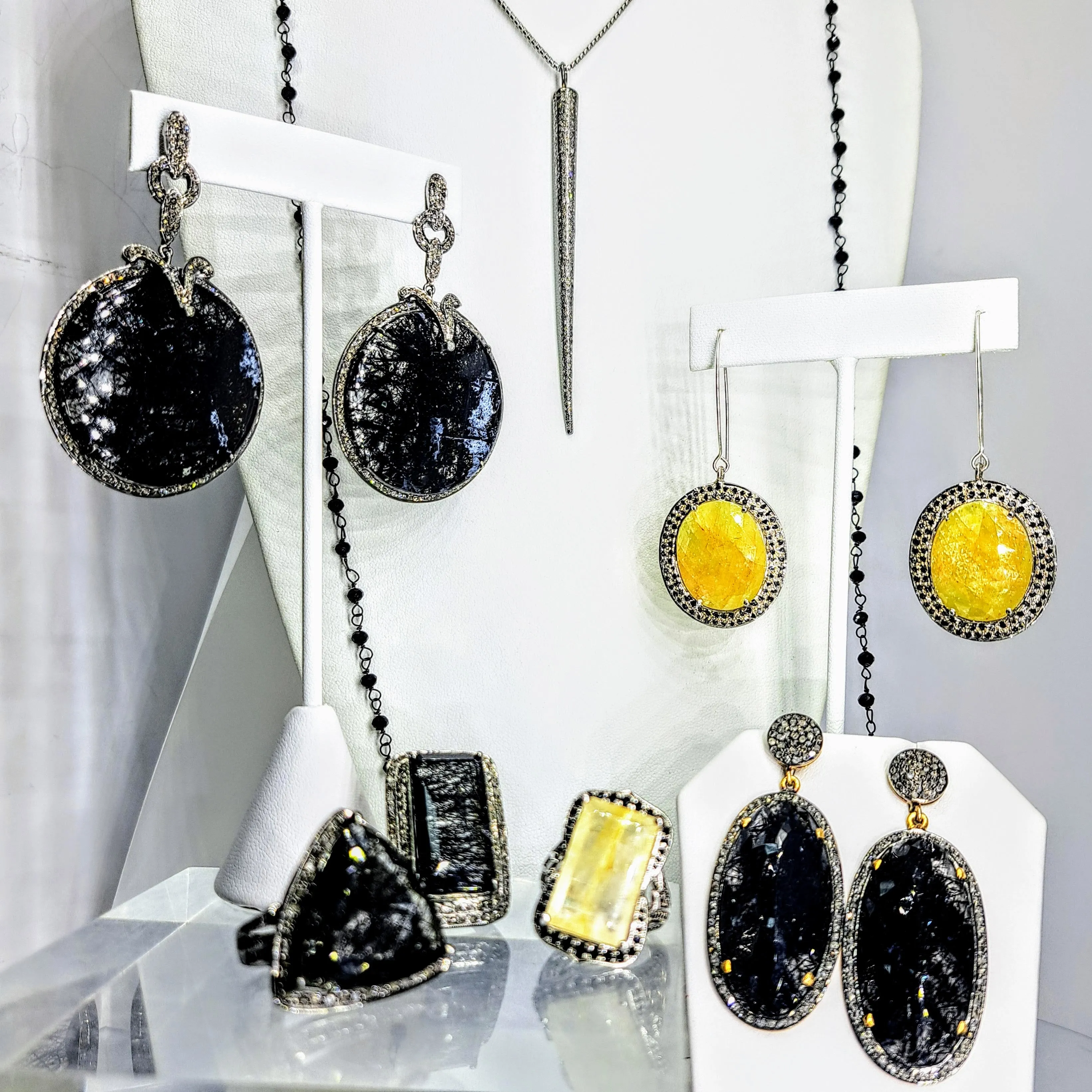 "HassenPheFA, Dahling" 2.75" Earrings - Black Tourmalinated Quartz, Diamond, Black Sterling