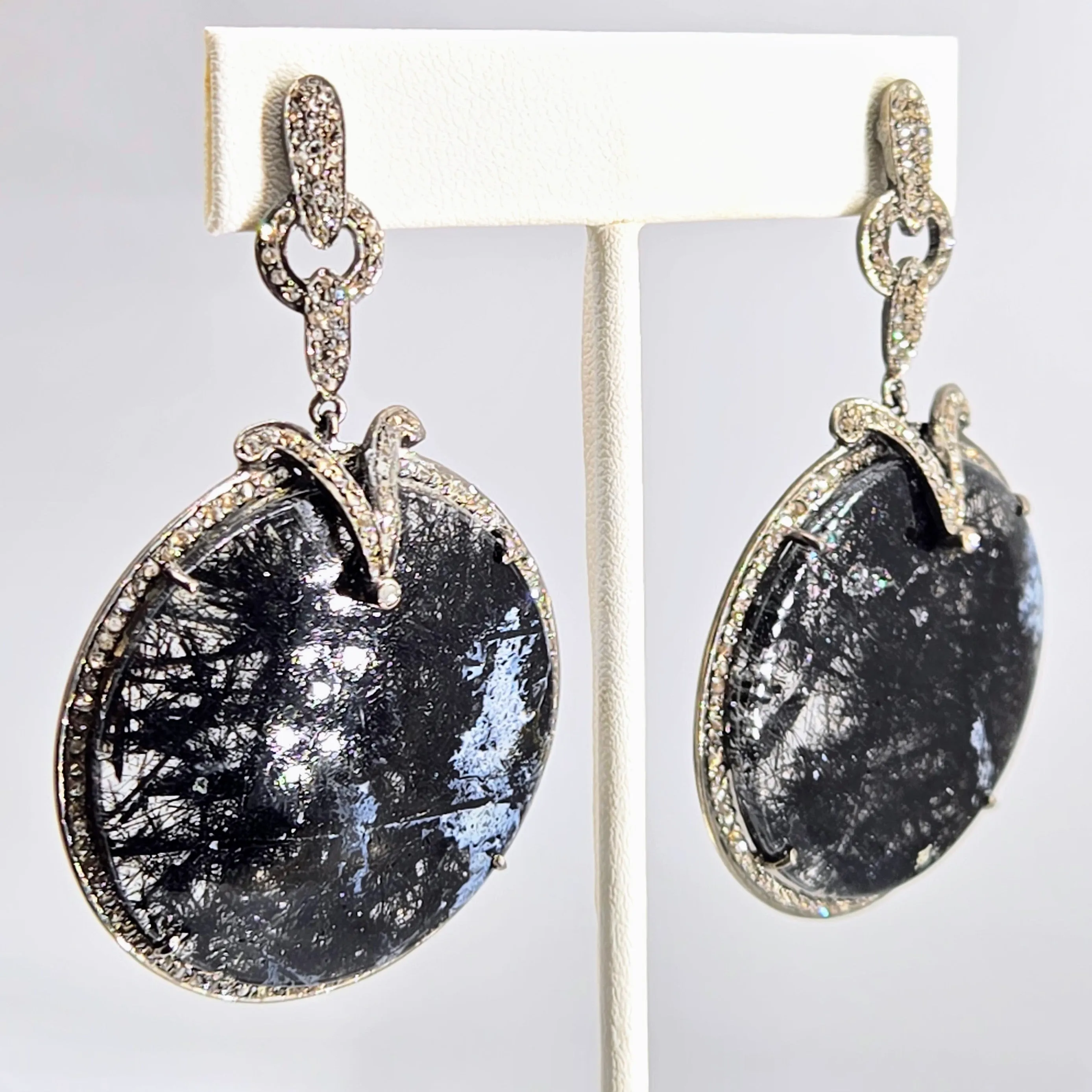 "HassenPheFA, Dahling" 2.75" Earrings - Black Tourmalinated Quartz, Diamond, Black Sterling