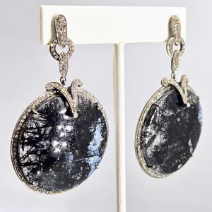 "HassenPheFA, Dahling" 2.75" Earrings - Black Tourmalinated Quartz, Diamond, Black Sterling