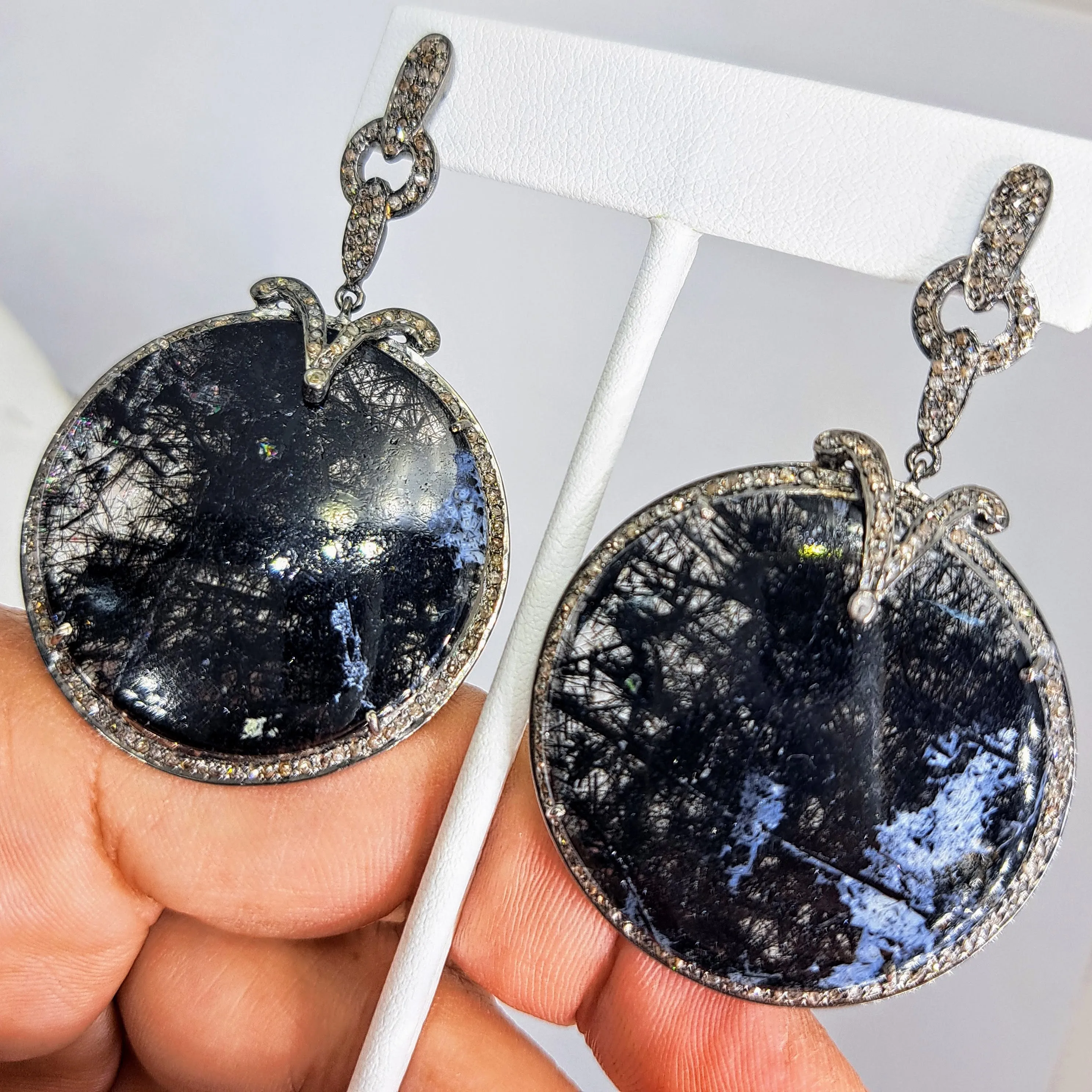 "HassenPheFA, Dahling" 2.75" Earrings - Black Tourmalinated Quartz, Diamond, Black Sterling