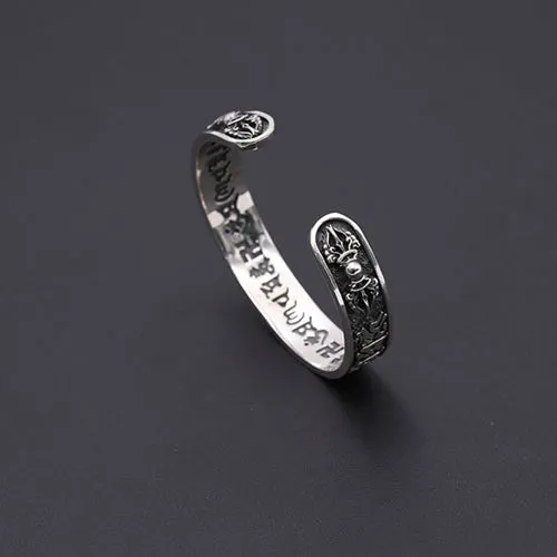 Real Solid 925 Sterling Silver Cuff Bracelet Bangle Vajra Om mani padme hum Punk Jewelry