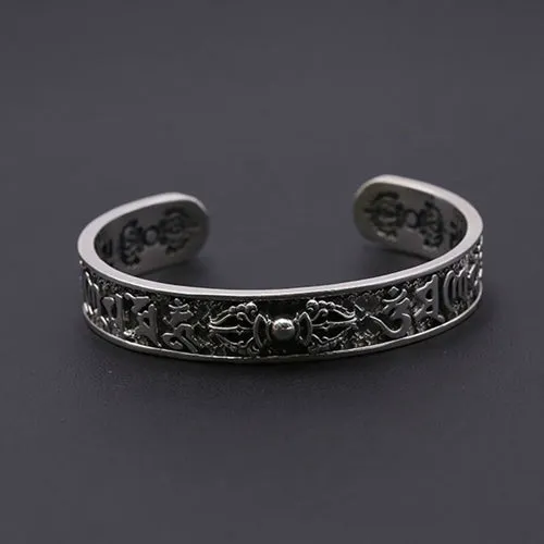 Real Solid 925 Sterling Silver Cuff Bracelet Bangle Vajra Om mani padme hum Punk Jewelry