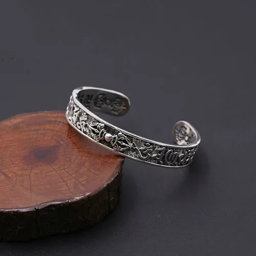 Real Solid 925 Sterling Silver Cuff Bracelet Bangle Vajra Om mani padme hum Punk Jewelry