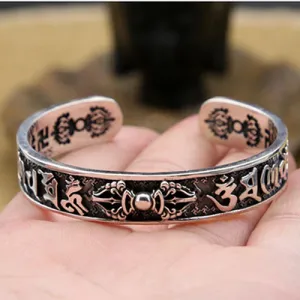 Real Solid 925 Sterling Silver Cuff Bracelet Bangle Vajra Om mani padme hum Punk Jewelry
