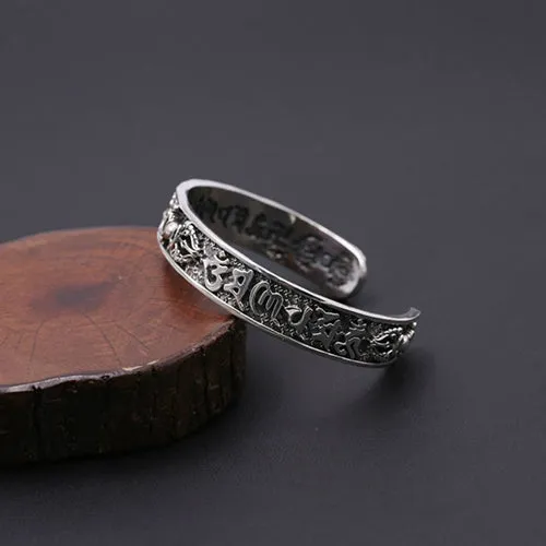 Real Solid 925 Sterling Silver Cuff Bracelet Bangle Vajra Om mani padme hum Punk Jewelry