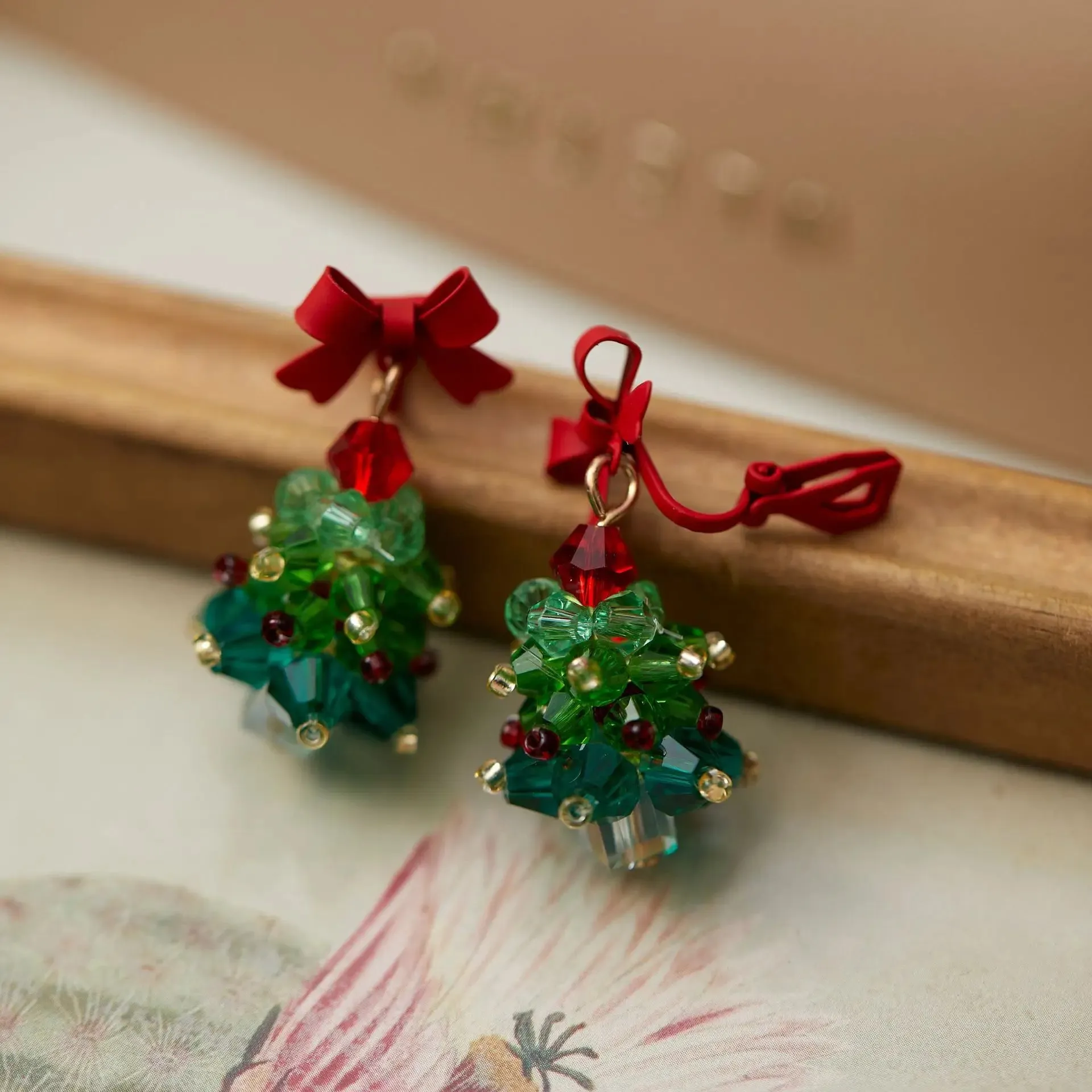 Red Bow Christmas Tree Clip on Earrings