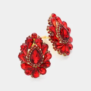 Red Crystal Cluster Teardrop Clip on Earrings | 391158