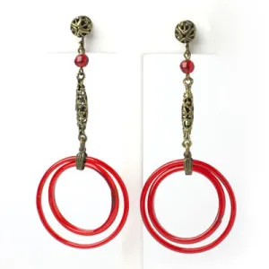 Red Glass Double-Hoop Czech Earrings