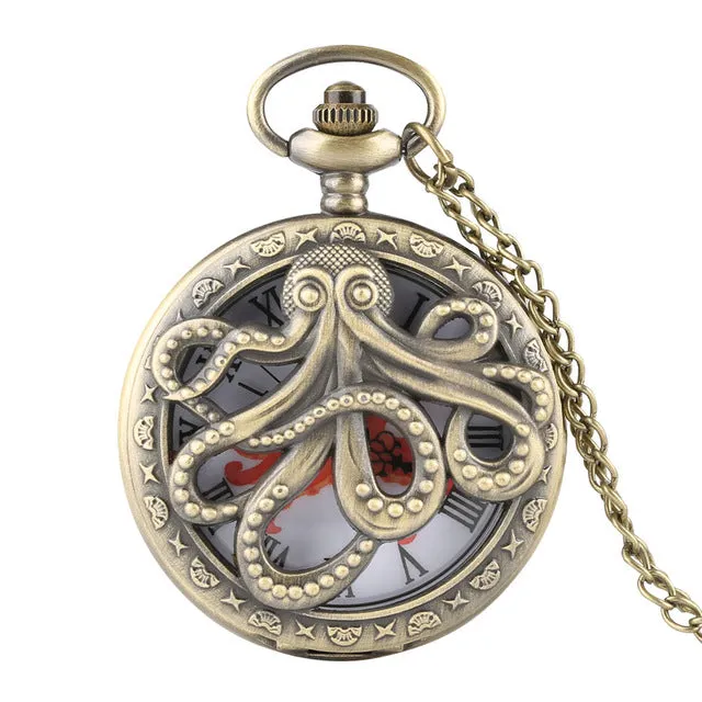 Retro Octopus Hollow Half Hunter Quartz Pocket Watch Vintage Grey/Bronze Necklace Pendant Clock for Kids Men Women reloj