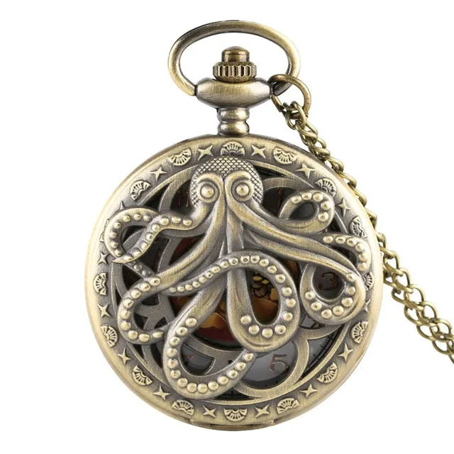 Retro Octopus Hollow Half Hunter Quartz Pocket Watch Vintage Grey/Bronze Necklace Pendant Clock for Kids Men Women reloj