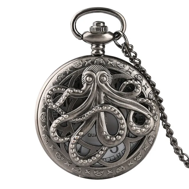 Retro Octopus Hollow Half Hunter Quartz Pocket Watch Vintage Grey/Bronze Necklace Pendant Clock for Kids Men Women reloj