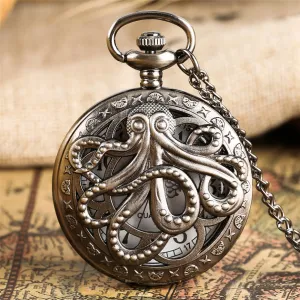 Retro Octopus Hollow Half Hunter Quartz Pocket Watch Vintage Grey/Bronze Necklace Pendant Clock for Kids Men Women reloj