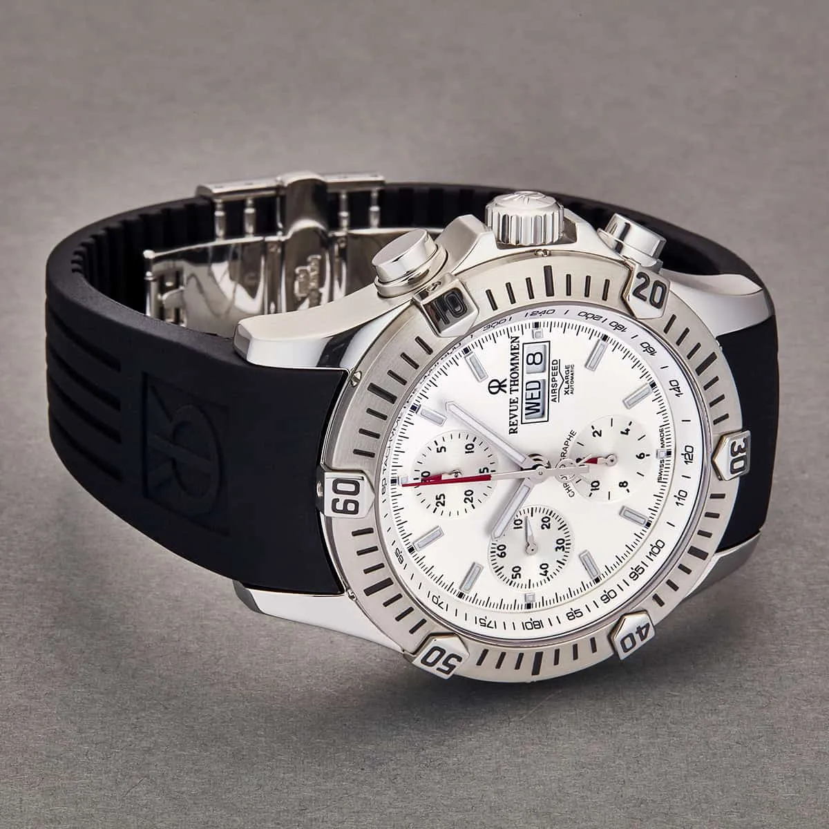 Revue Thommen Men's 16071.6828 'Airspeed' Silver Dial Day-Date Rubber Strap Chronograph Automatic Watch