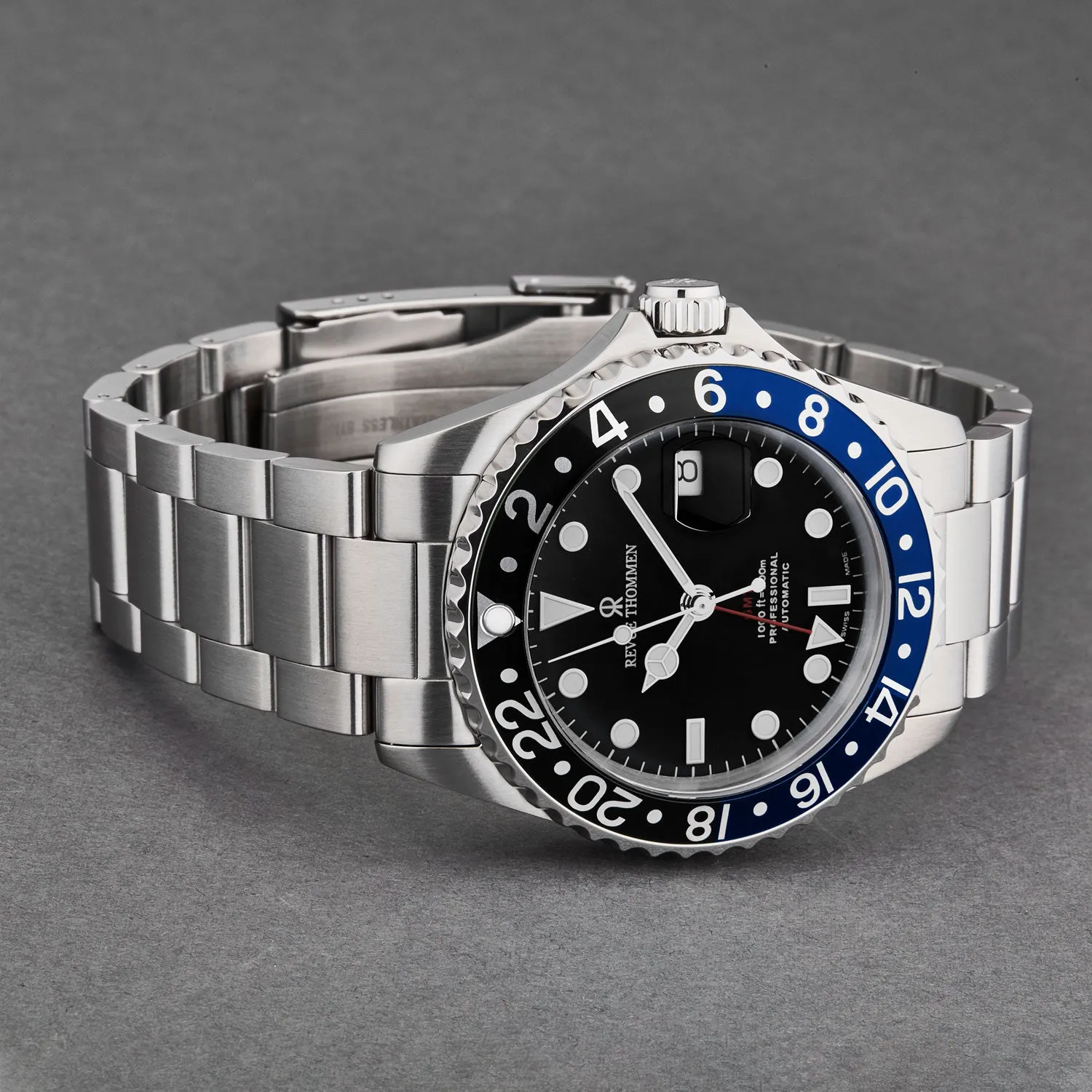 Revue Thommen Men's 17572.2133 'Diver' Black Dial Black and Blue Bezel GMT Automatic Watch