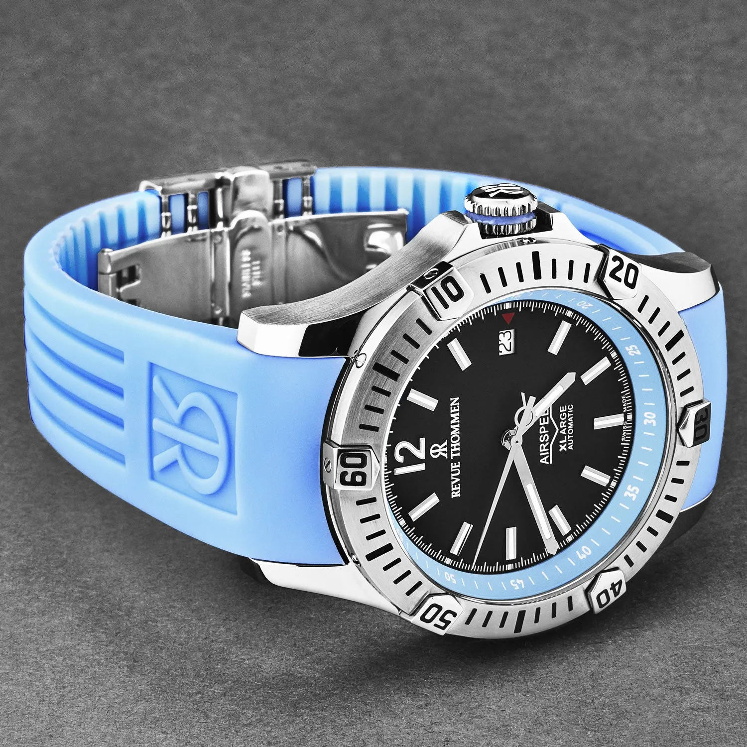 Revue Thommen Men's 'Air speed' Black Dial Blue Rubber Strap Automatic Watch 16070.4635