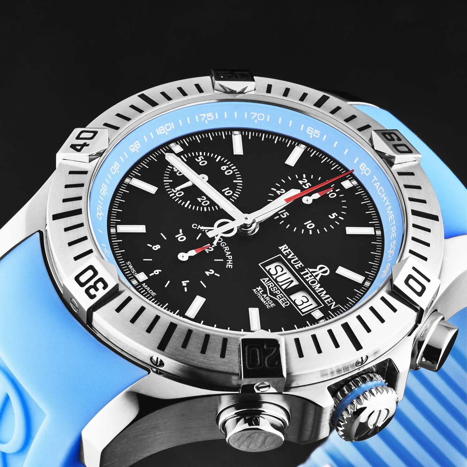 Revue Thommen Men's 'Air speed' Black Dial Blue Rubber Strap Automatic Watch 16071.6635