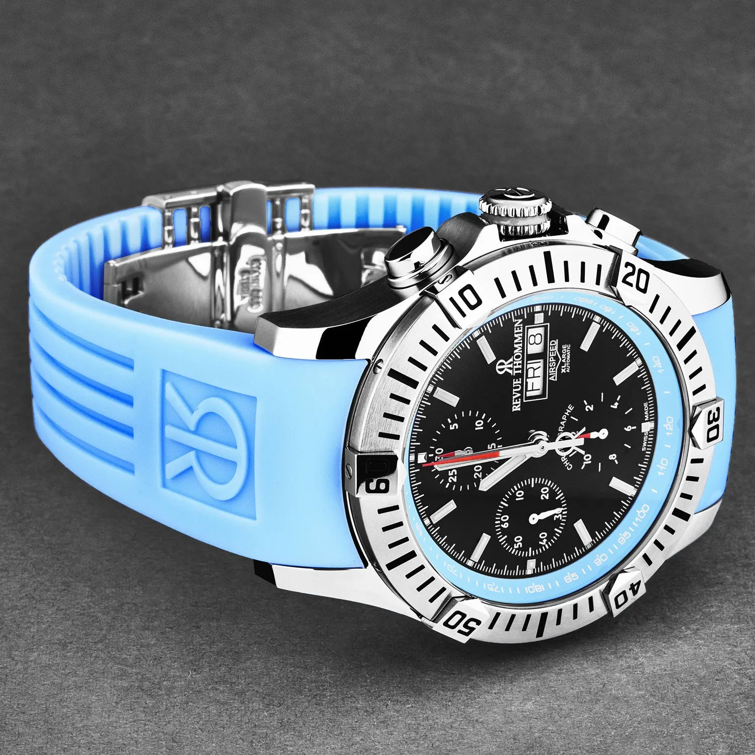 Revue Thommen Men's 'Air speed' Black Dial Blue Rubber Strap Automatic Watch 16071.6635
