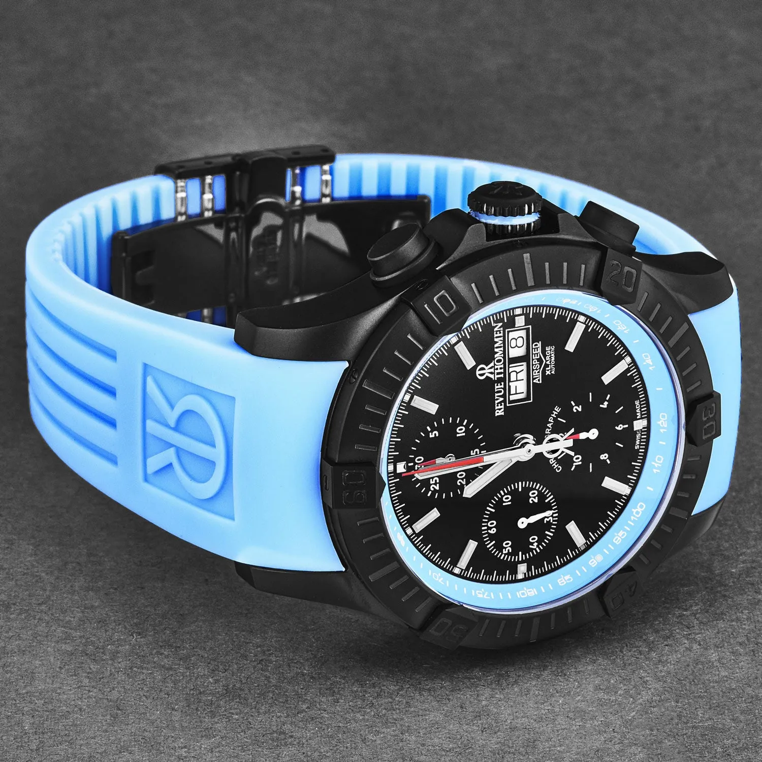 Revue Thommen Men's 'Air speed' Black Dial Blue Rubber Strap Automatic Watch 16071.6675