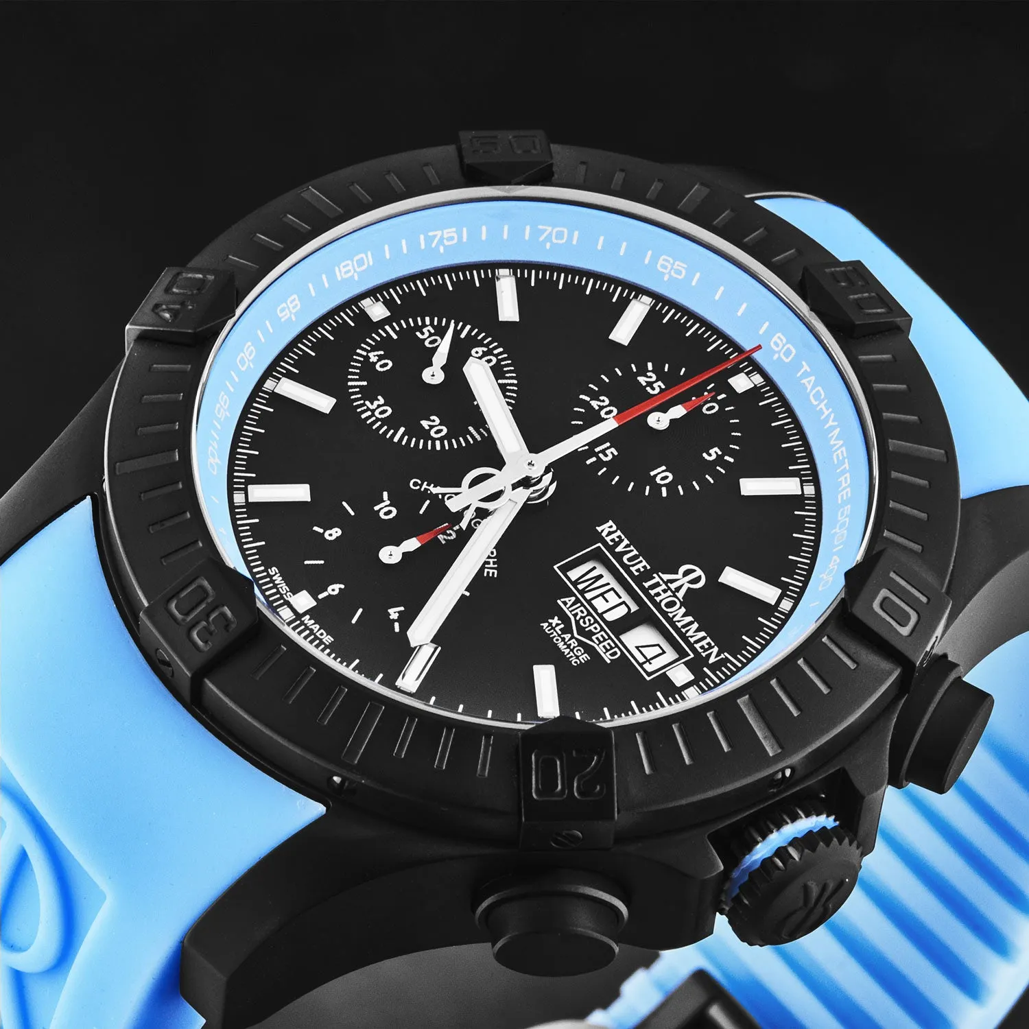 Revue Thommen Men's 'Air speed' Black Dial Blue Rubber Strap Automatic Watch 16071.6675