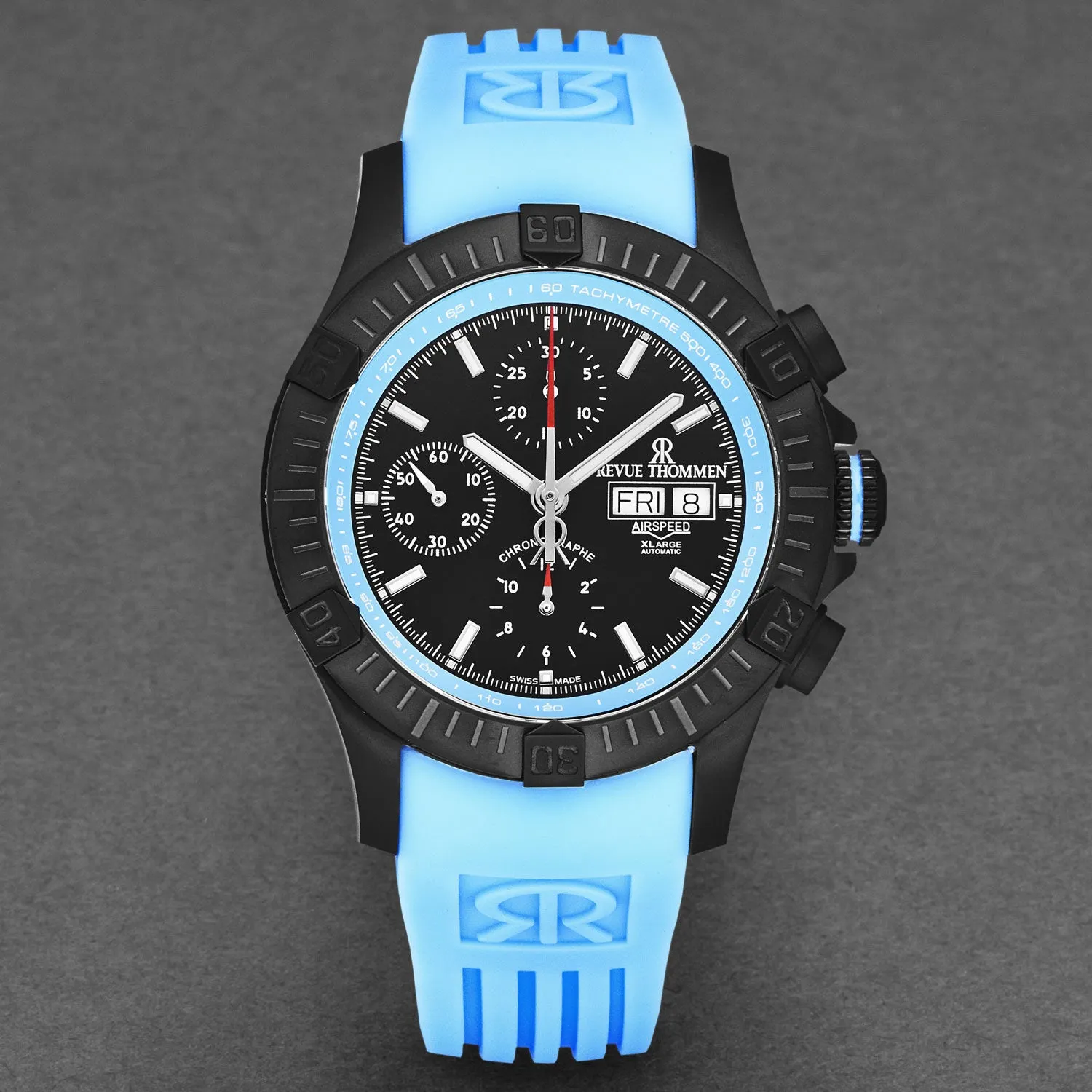 Revue Thommen Men's 'Air speed' Black Dial Blue Rubber Strap Automatic Watch 16071.6675