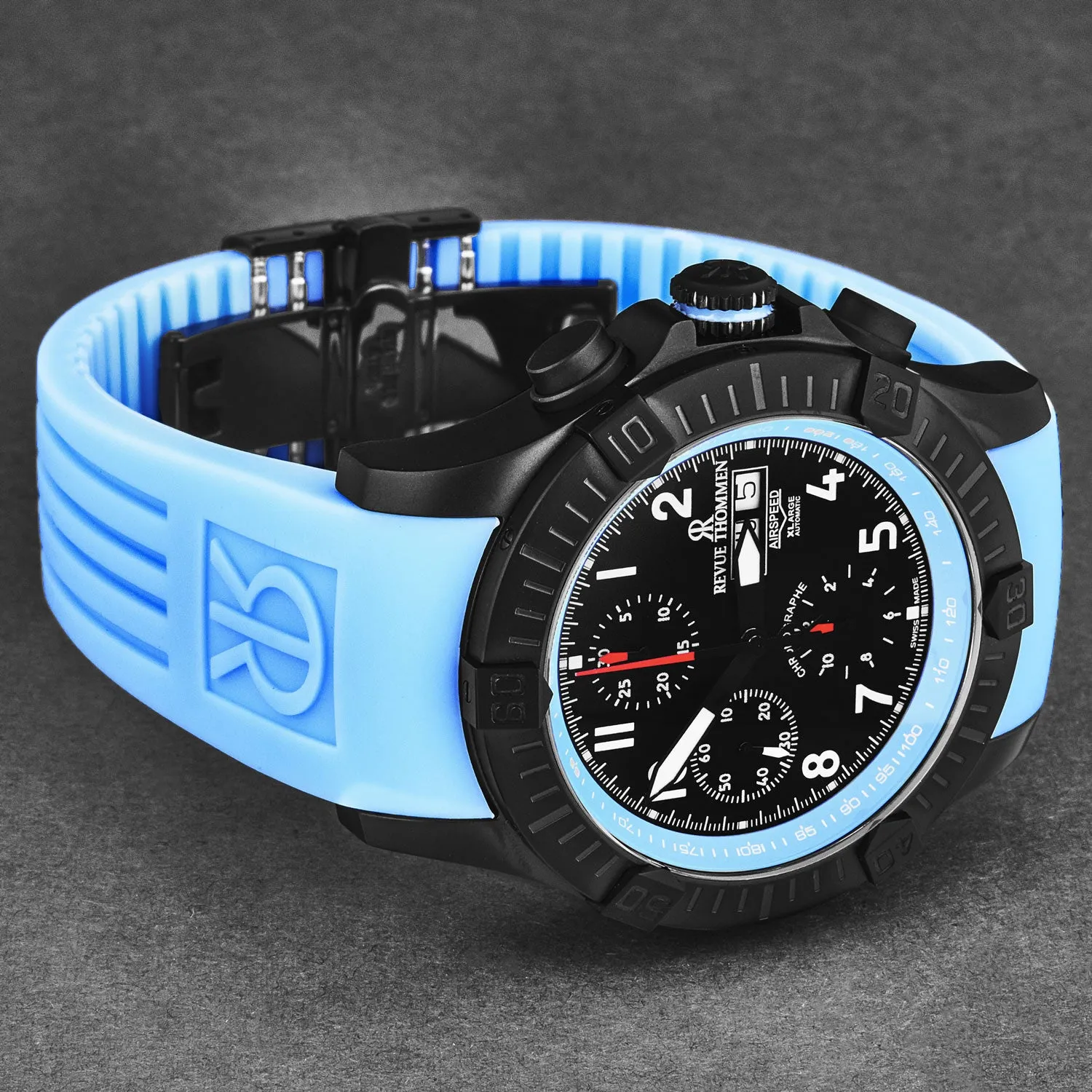 Revue Thommen Men's 'Air speed' Black Dial Blue Rubber Strap Automatic Watch 16071.6775