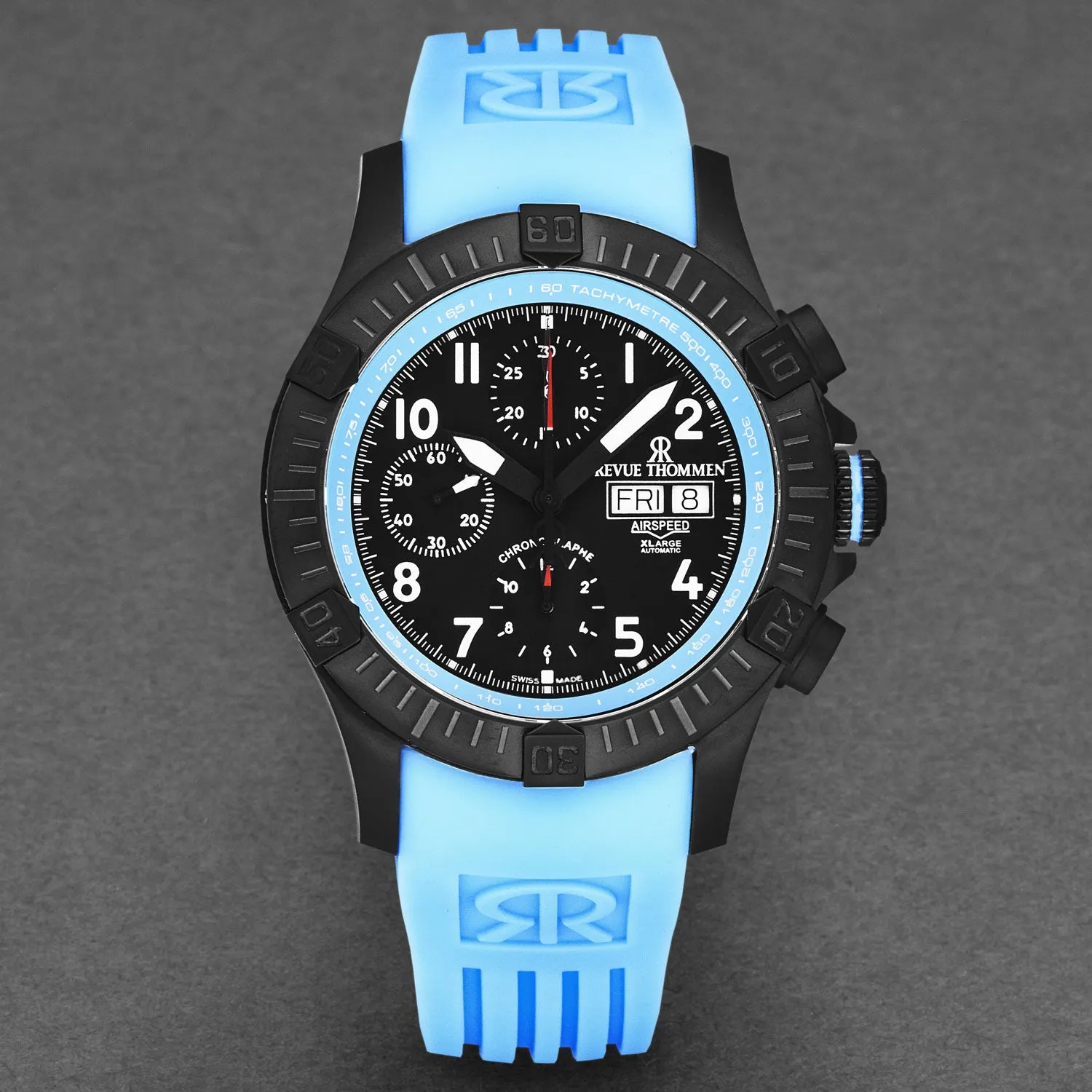 Revue Thommen Men's 'Air speed' Black Dial Blue Rubber Strap Automatic Watch 16071.6775