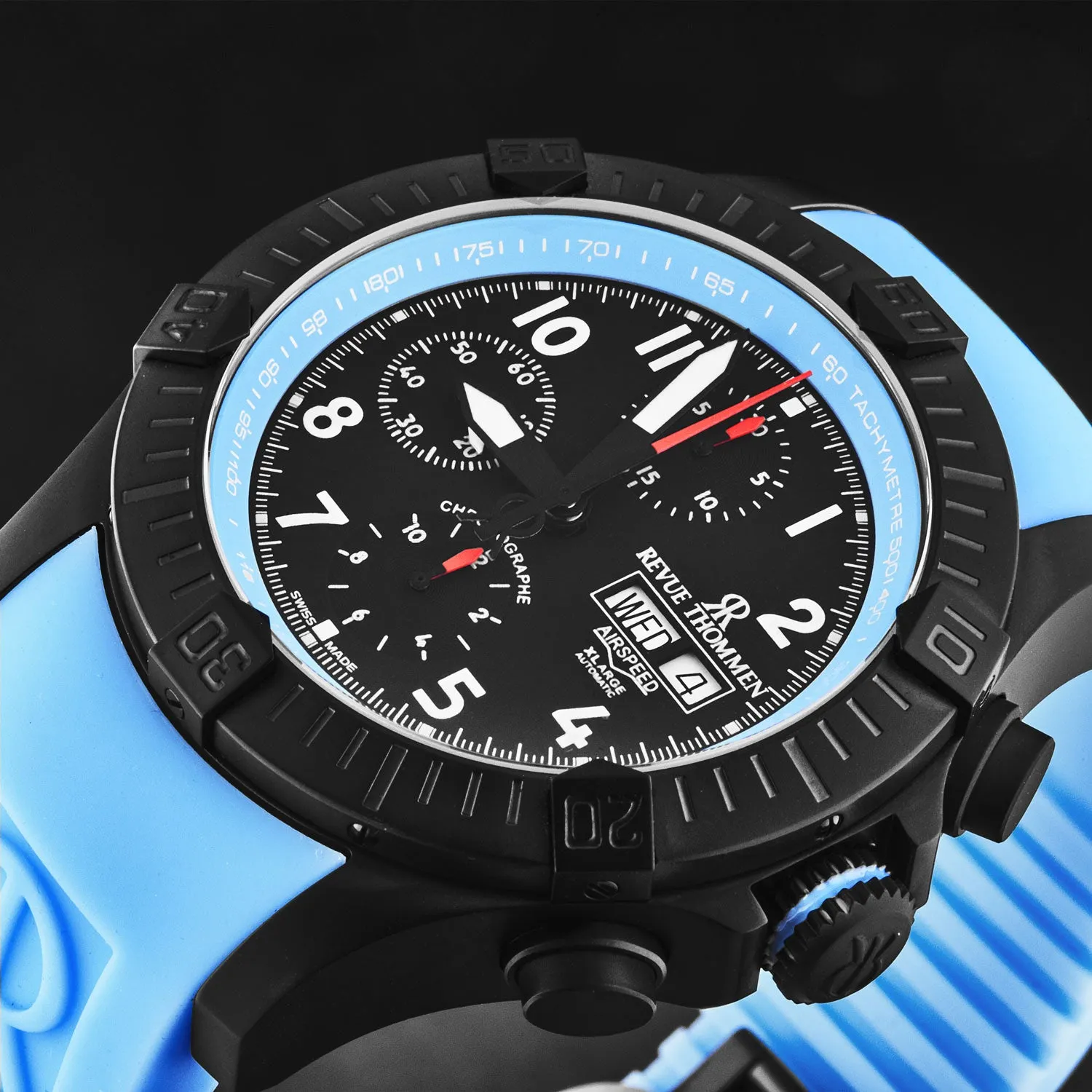 Revue Thommen Men's 'Air speed' Black Dial Blue Rubber Strap Automatic Watch 16071.6775