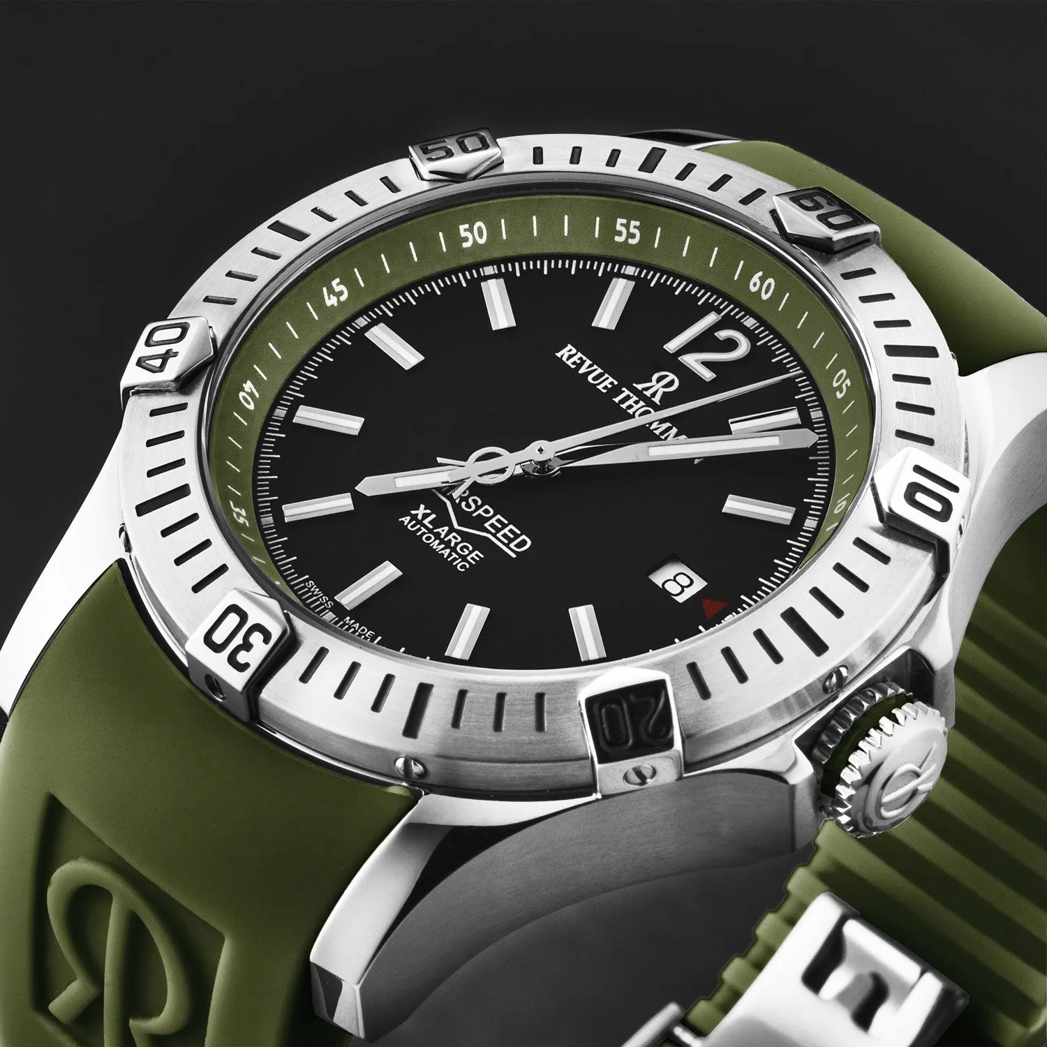 Revue Thommen Men's 'Air speed' Black Dial Green Rubber Strap Automatic Watch 16070.4634