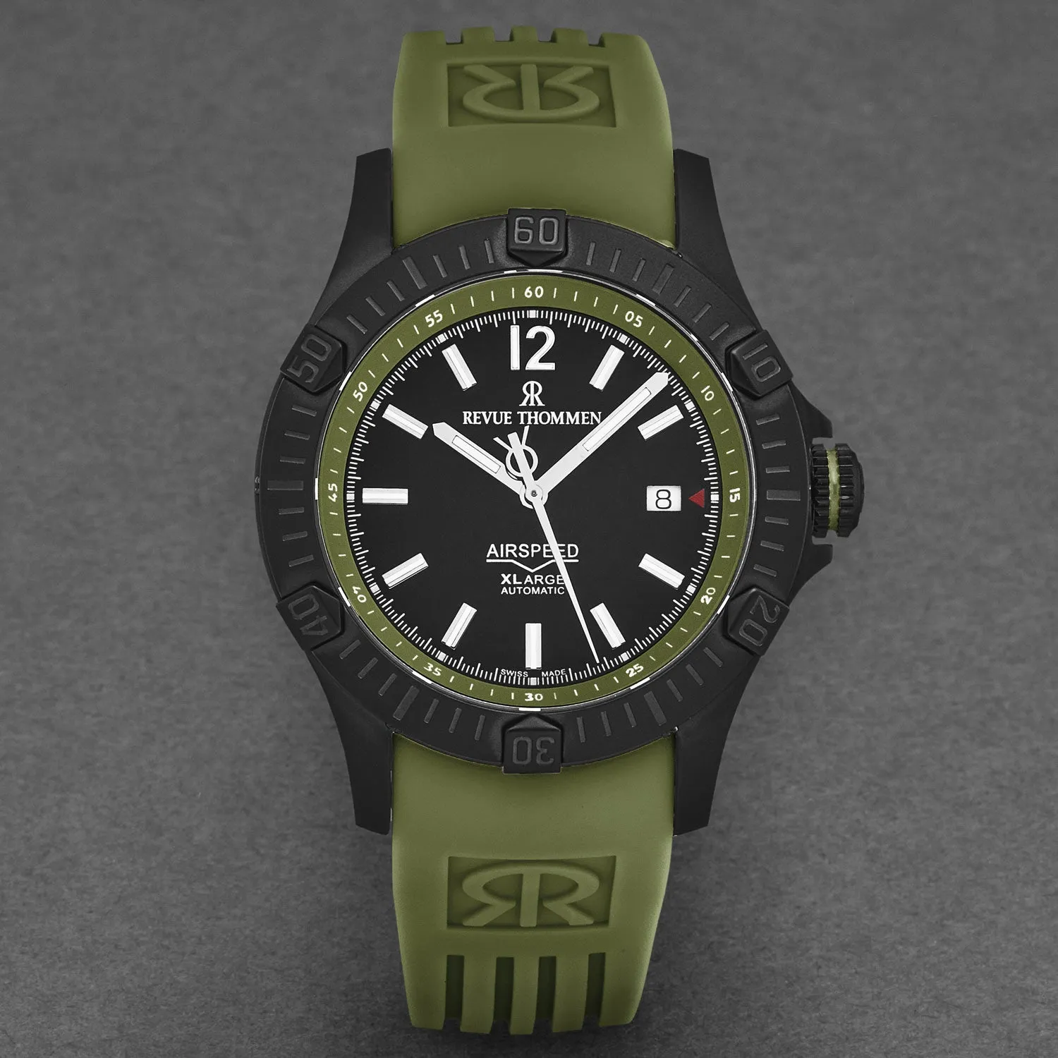 Revue Thommen Men's 'Air speed' Black Dial Green Rubber Strap Automatic Watch 16070.4674
