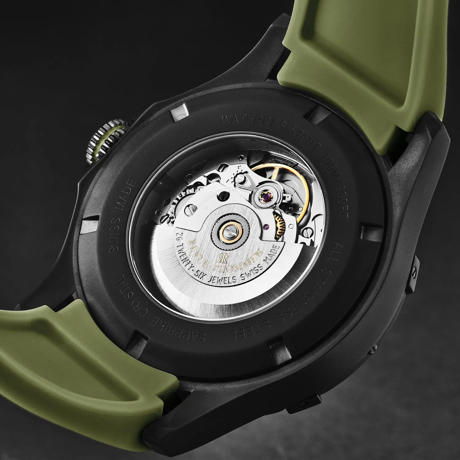 Revue Thommen Men's 'Air speed' Black Dial Green Rubber Strap Automatic Watch 16070.4674