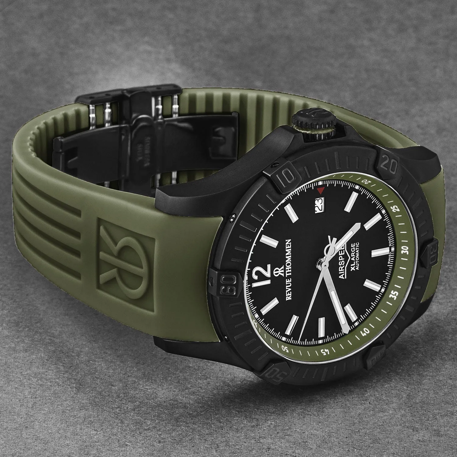 Revue Thommen Men's 'Air speed' Black Dial Green Rubber Strap Automatic Watch 16070.4674