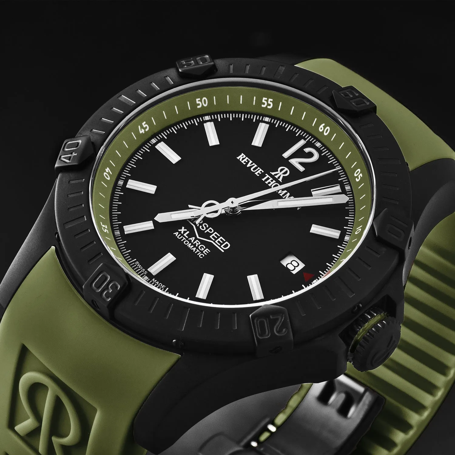 Revue Thommen Men's 'Air speed' Black Dial Green Rubber Strap Automatic Watch 16070.4674